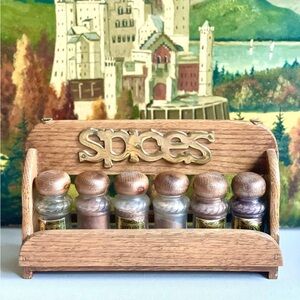 Wooden Spice Rack with Glass Jars and Brass 'Spices' Label